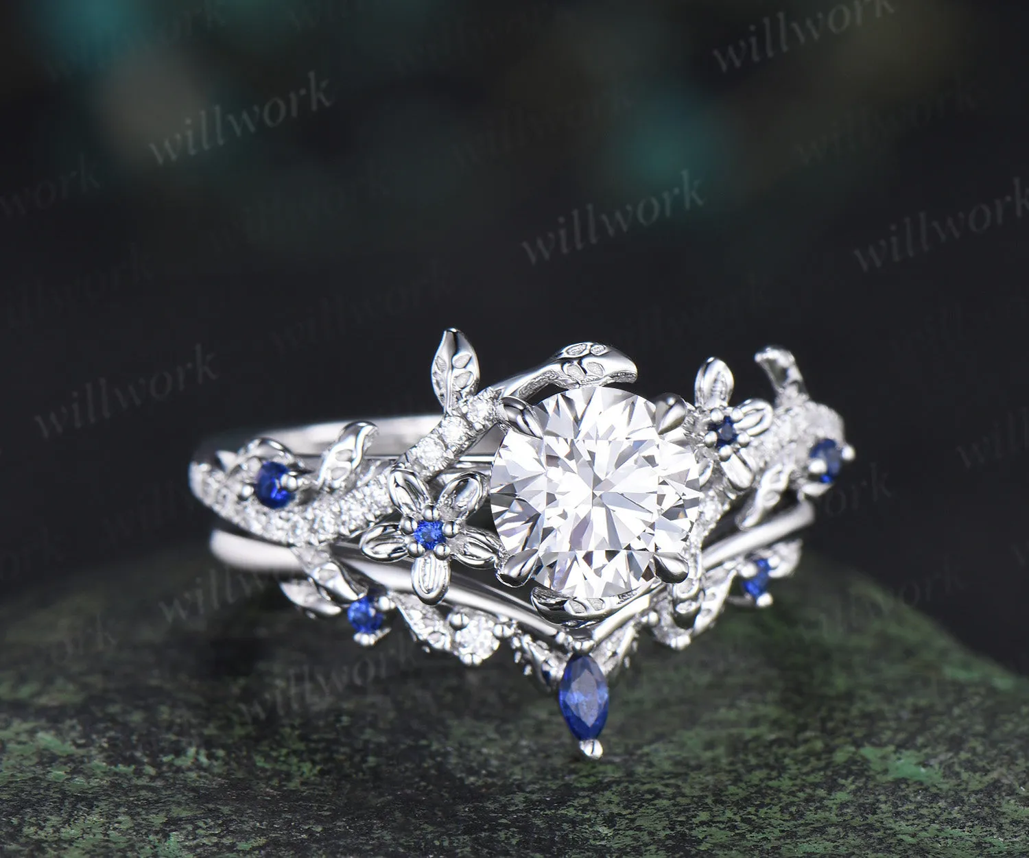Round brilliant cut lab grown diamond leaf engagement ring set solid 14k white gold floral twig sapphire diamond promise ring unique bridal set sold by Willwork Jewelry product image thumbnail 5