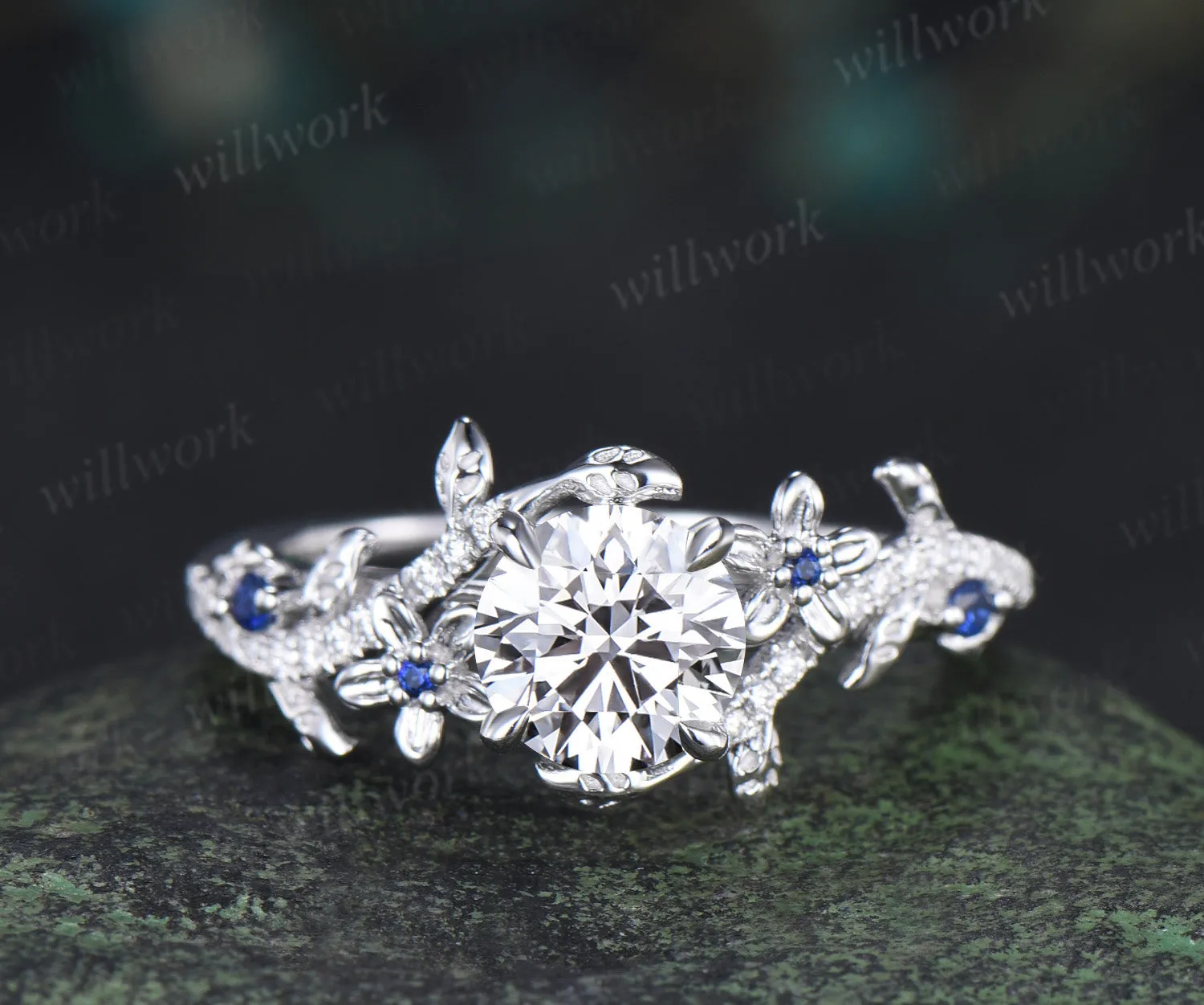 Round brilliant cut lab grown diamond leaf engagement ring set solid 14k white gold floral twig sapphire diamond promise ring unique bridal set sold by Willwork Jewelry product image thumbnail 3