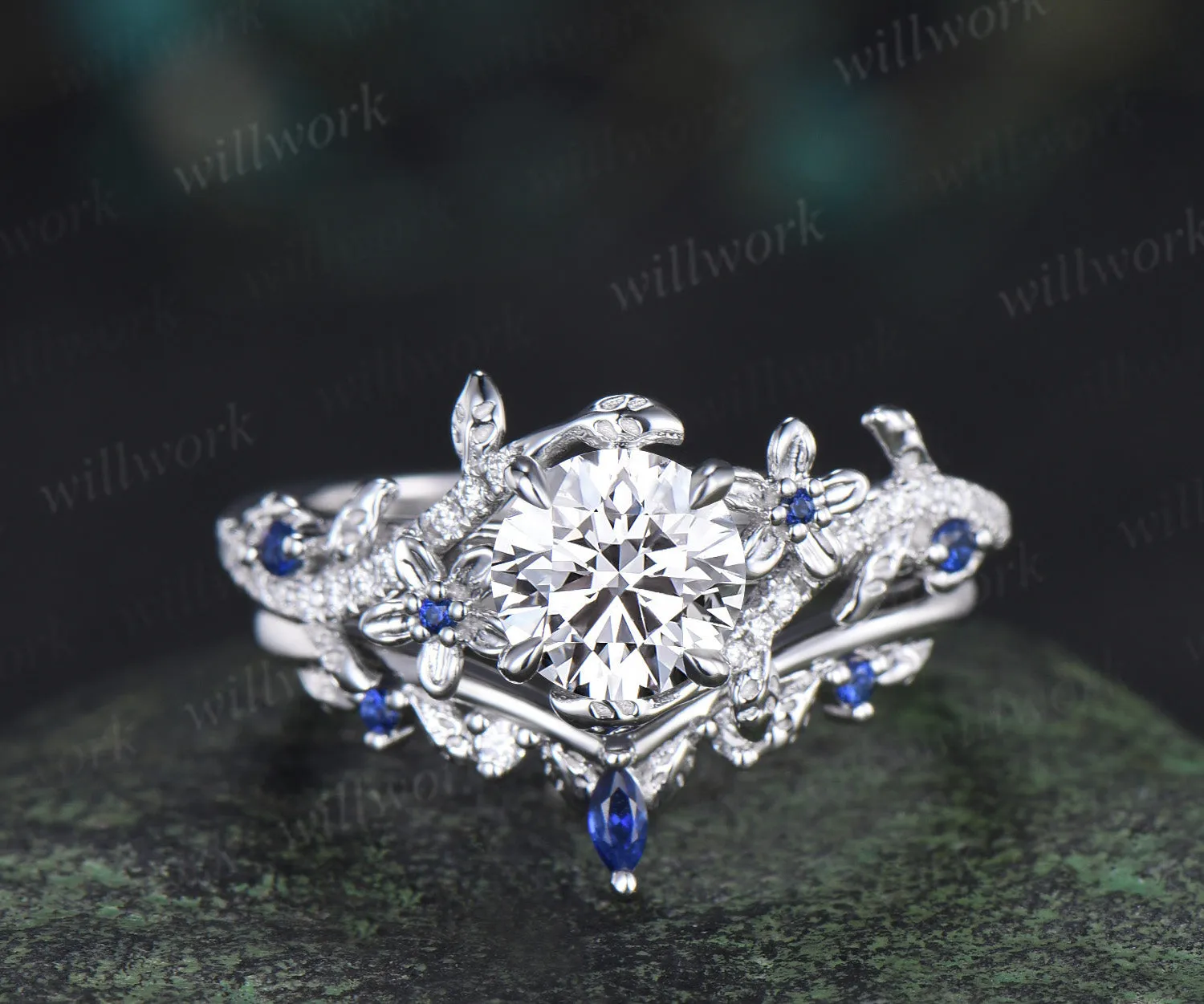Round brilliant cut lab grown diamond leaf engagement ring set solid 14k white gold floral twig sapphire diamond promise ring unique bridal set sold by Willwork Jewelry