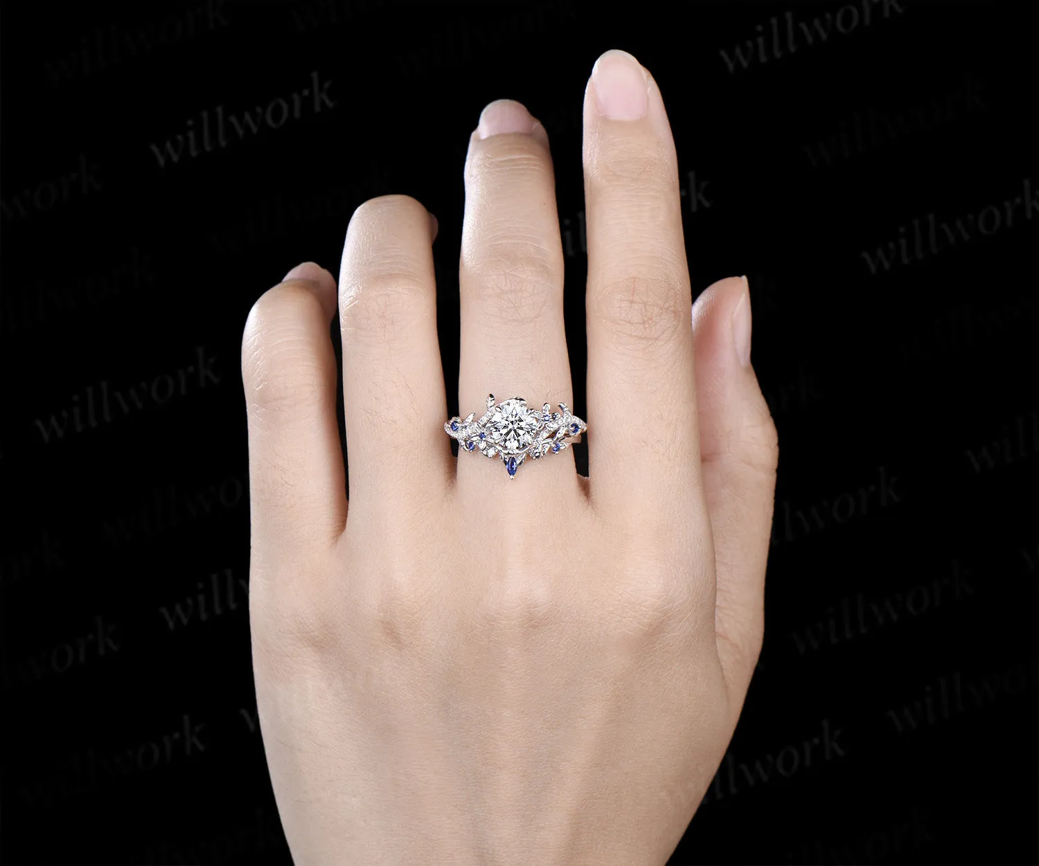 Round brilliant cut lab grown diamond leaf engagement ring set solid 14k white gold floral twig sapphire diamond promise ring unique bridal set sold by Willwork Jewelry product image thumbnail 2