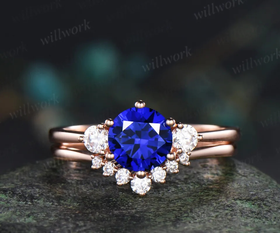 Round cut blue sapphire engagement ring set three stone sapphire moissanite promise ring curved wedding band minimalist bridal set sold by Willwork Jewelry