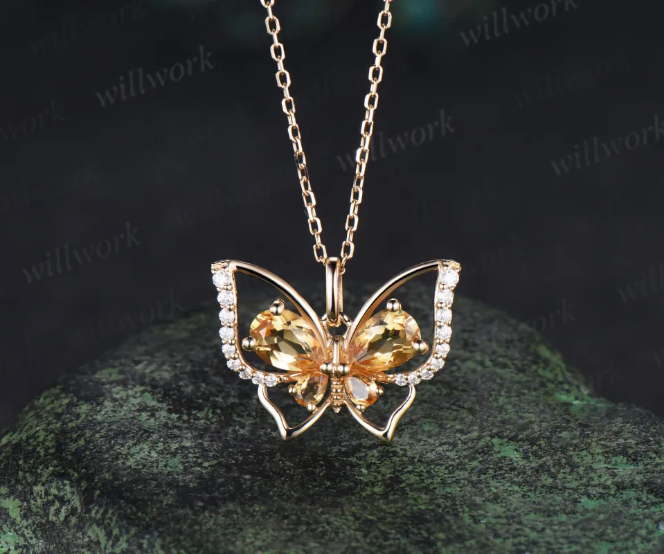 Vintage pear citrine butterfly necklace solid 14k yellow gold cystal pendant hollow up butterfly diamond pendant necklace gifts for her made by Willwork Jewelry