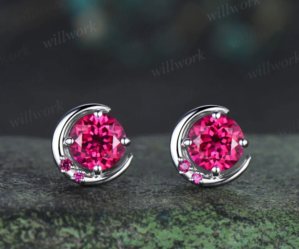 Round ruby moon stud earrings unique solid 14k 18k white gold ruby cluster earrings July birthstone jewelry gifts for women made by Willwork Jewelry