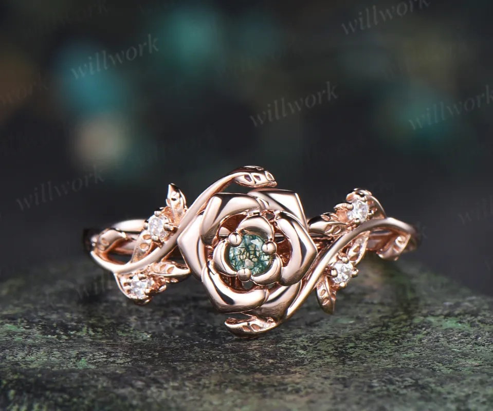Dainty round moss agate engagement ring rose flower leaf vine moissanite ring nature inspired bridal jewelry sold by Willwork Jewelry