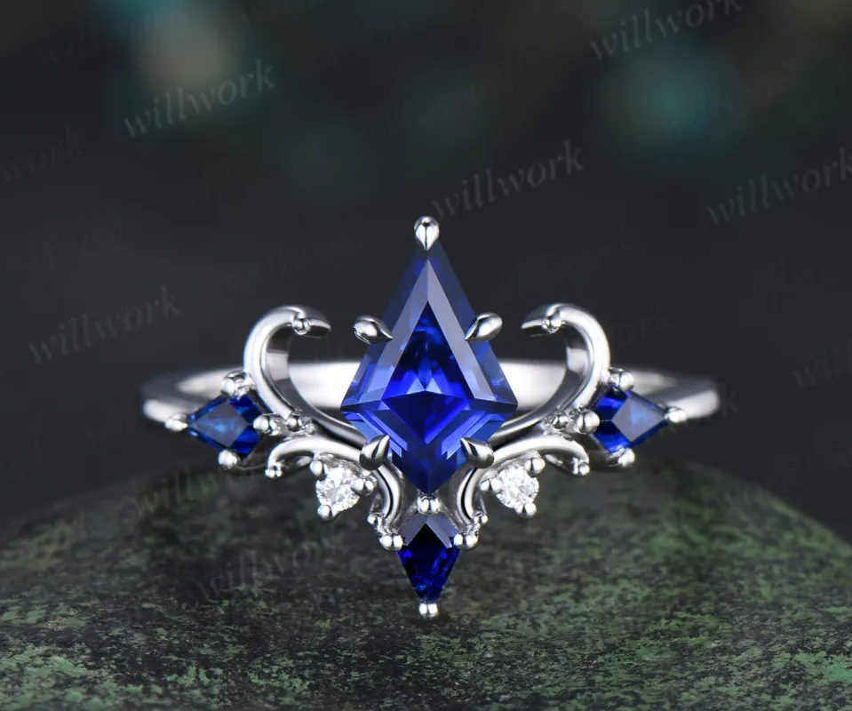 Vintage blue sapphire engagement ring kite cut 14k white gold cluster moissanite wedding ring for women wedding promise ring gift sold by Willwork Jewelry