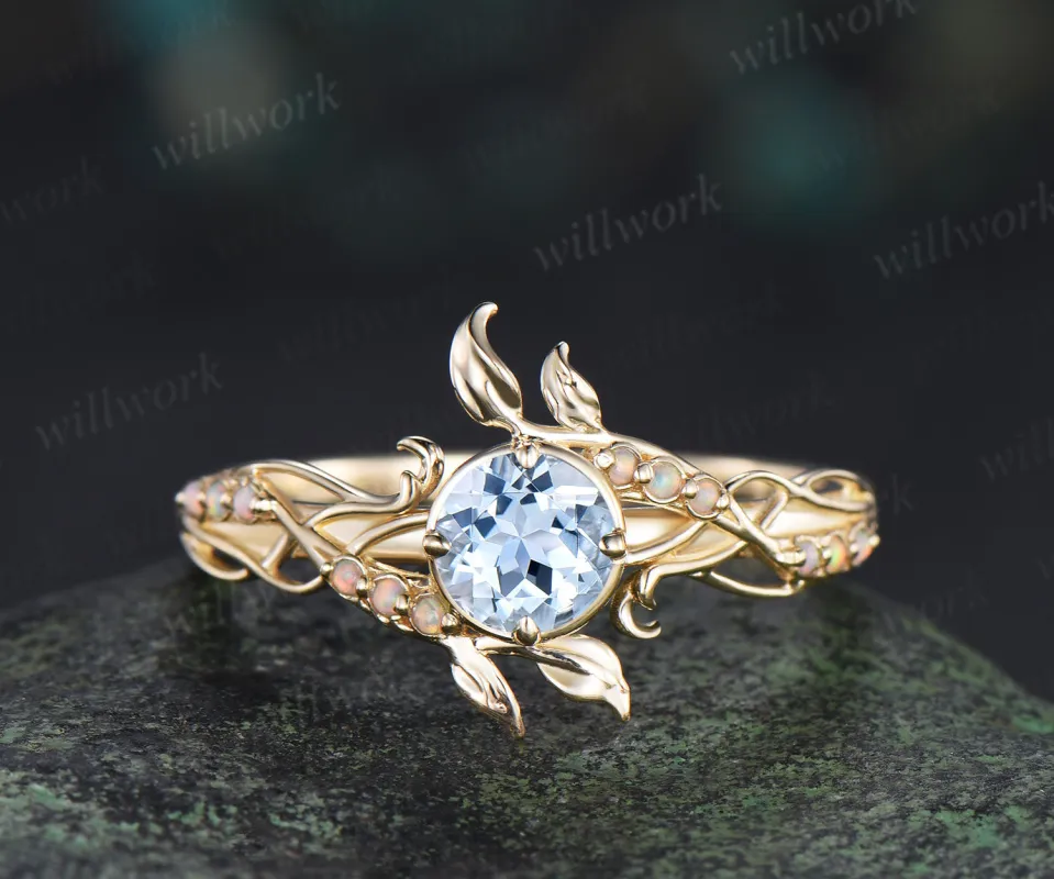 Round cut aquamarine ring yellow gold leaf opal ring filigree engagement wedding ring women sold by Willwork Jewelry