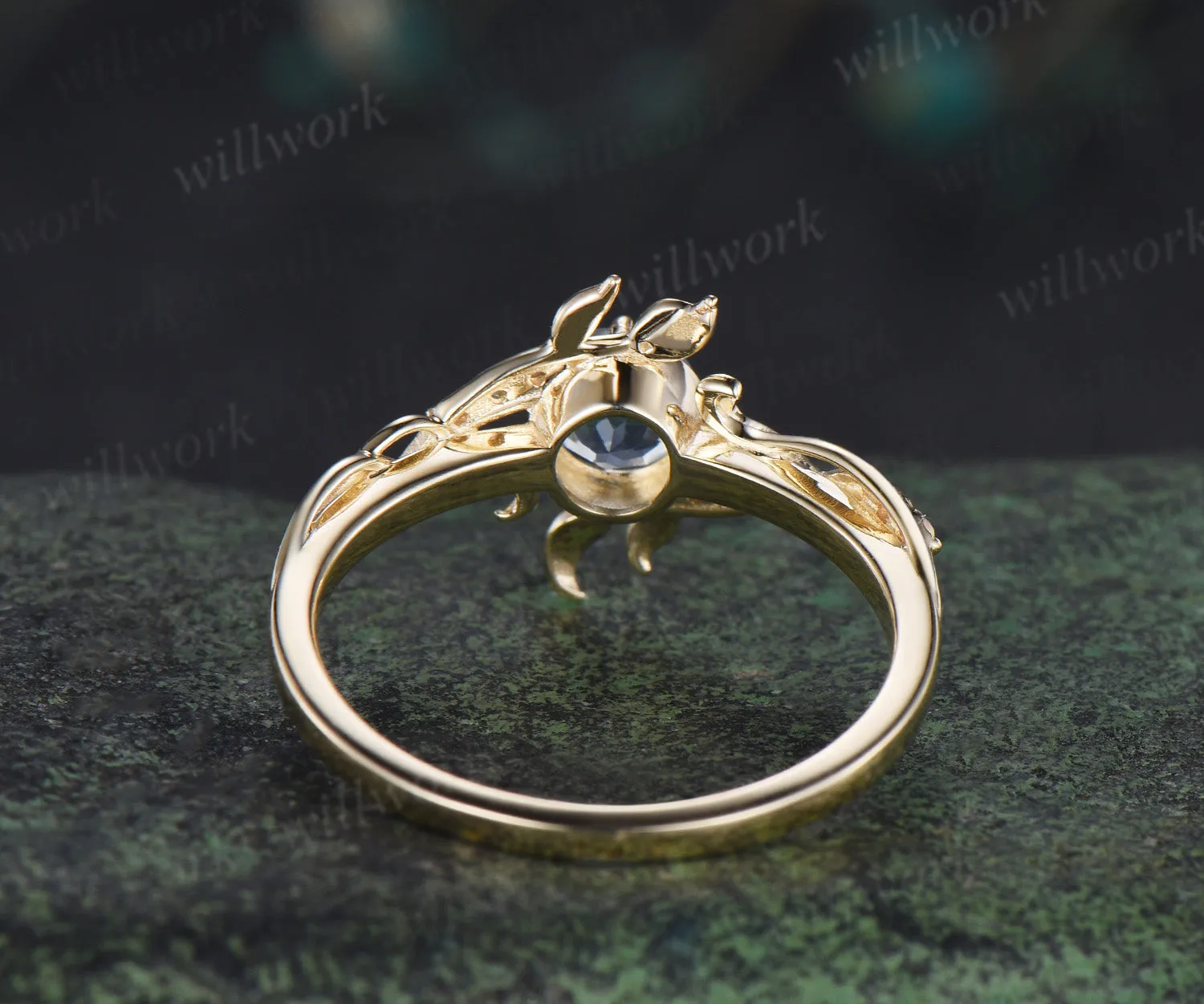 Round cut aquamarine ring yellow gold leaf opal ring filigree engagement wedding ring women sold by Willwork Jewelry product image thumbnail 5