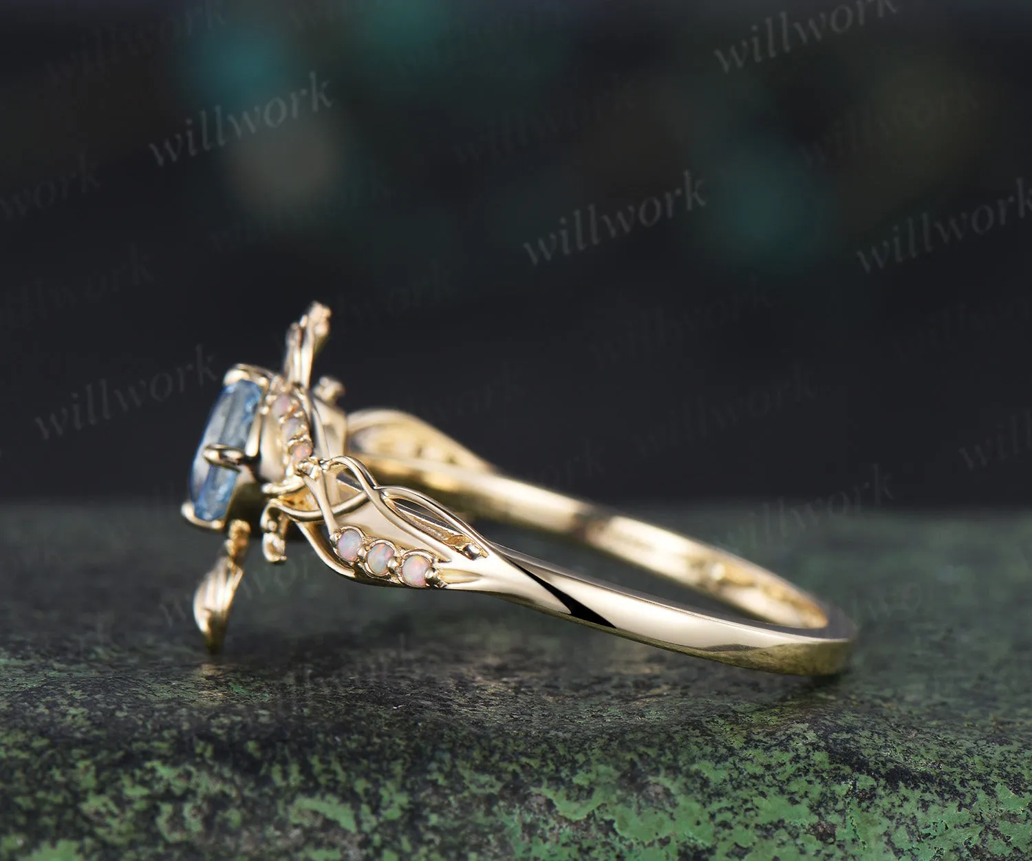 Round cut aquamarine ring yellow gold leaf opal ring filigree engagement wedding ring women sold by Willwork Jewelry product image thumbnail 4