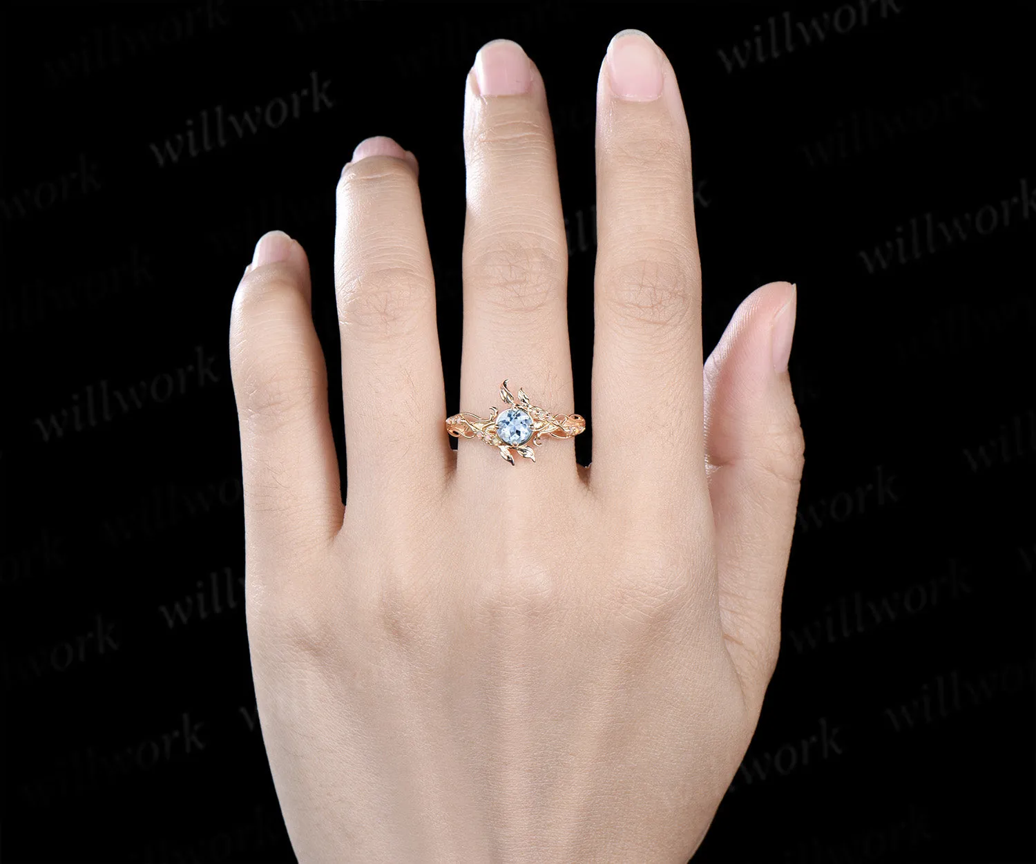 Round cut aquamarine ring yellow gold leaf opal ring filigree engagement wedding ring women sold by Willwork Jewelry product image thumbnail 3