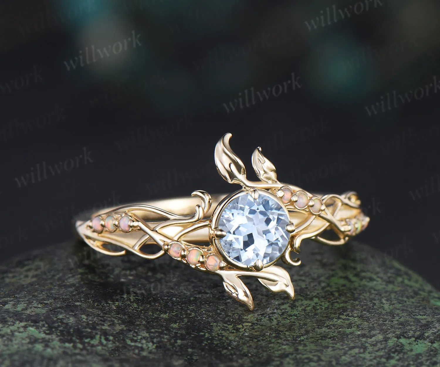 Round cut aquamarine ring yellow gold leaf opal ring filigree engagement wedding ring women sold by Willwork Jewelry product image thumbnail 2