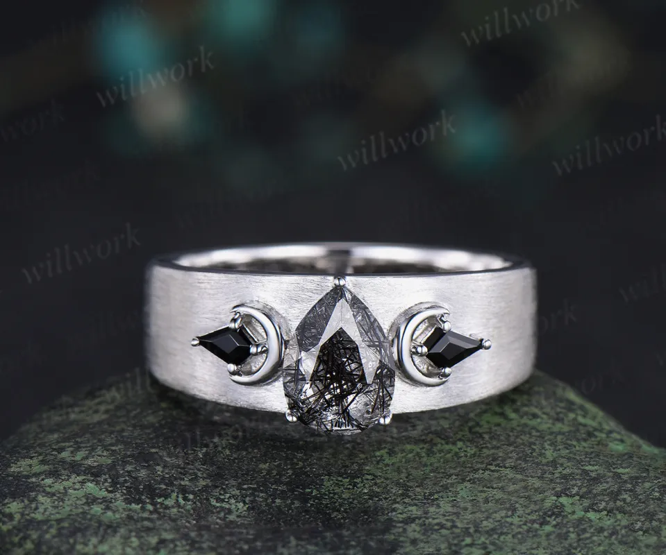 Pear black rutilated quartz mens wedding band three stone moon kite black spinel wedding ring 14k white gold anniversary gift for husband sold by Willwork Jewelry