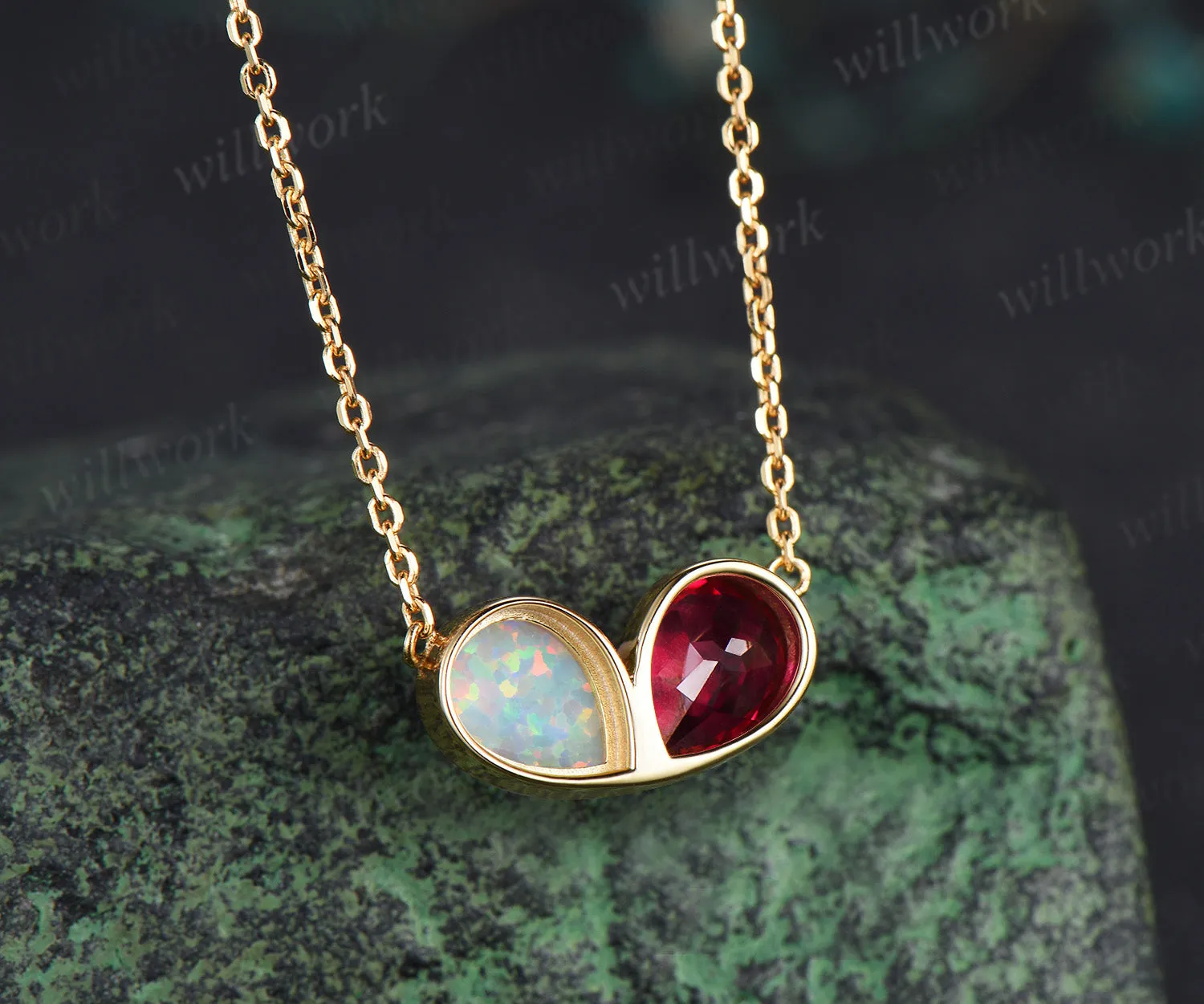 Pear ruby opal necklace heart shape bezel pendant Toi et Moi necklace minimalist yellow gold jewelry sold by Willwork Jewelry product image thumbnail 4