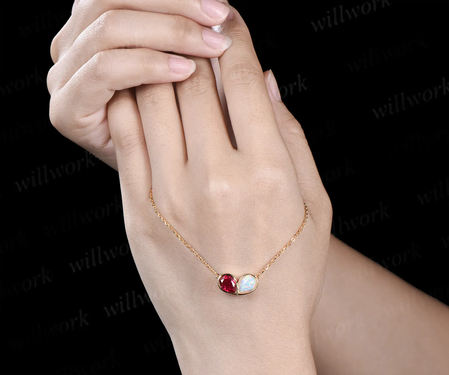 Pear ruby opal necklace heart shape bezel pendant Toi et Moi necklace minimalist yellow gold jewelry sold by Willwork Jewelry product image thumbnail 5