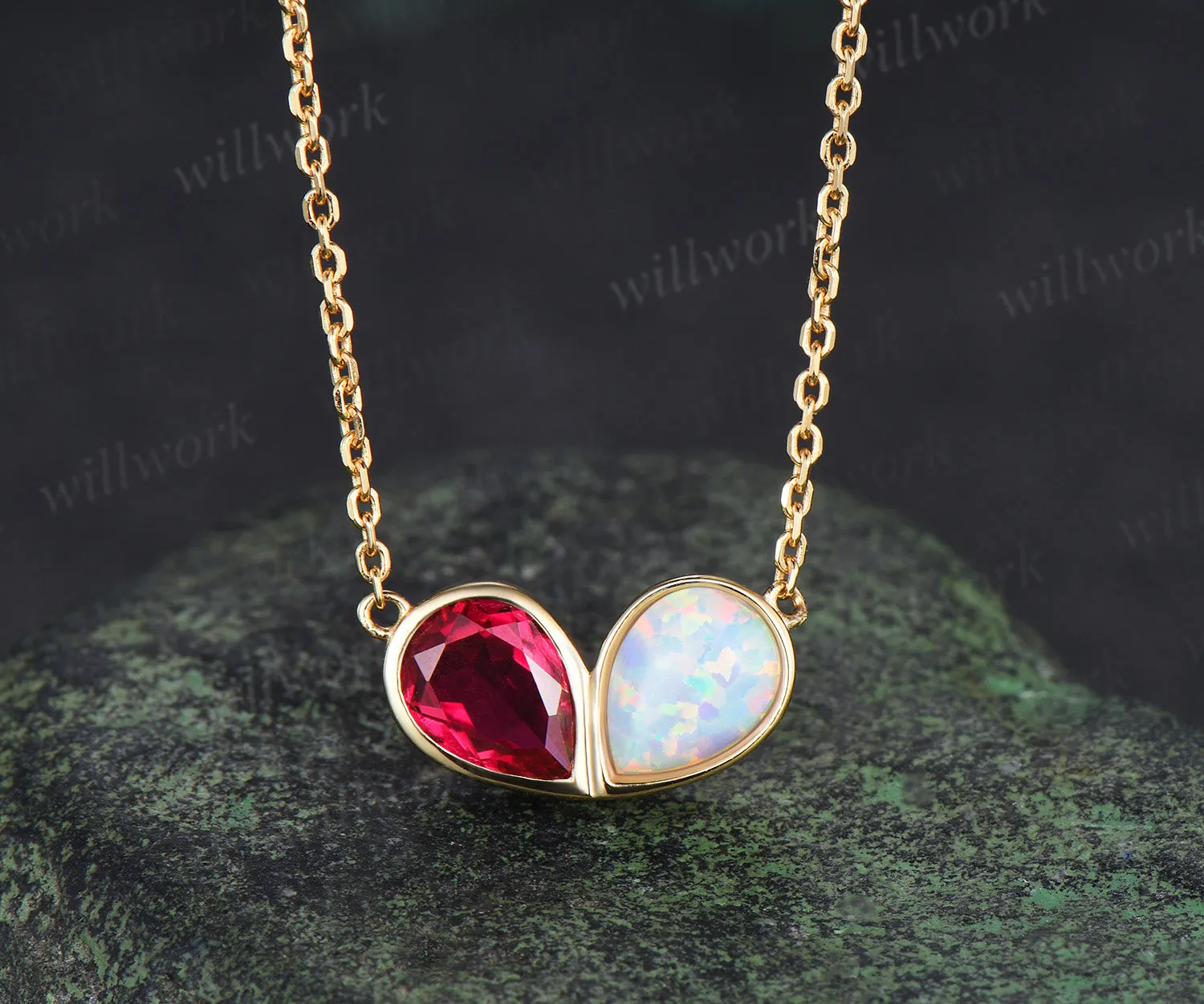 Pear ruby opal necklace heart shape bezel pendant Toi et Moi necklace minimalist yellow gold jewelry sold by Willwork Jewelry