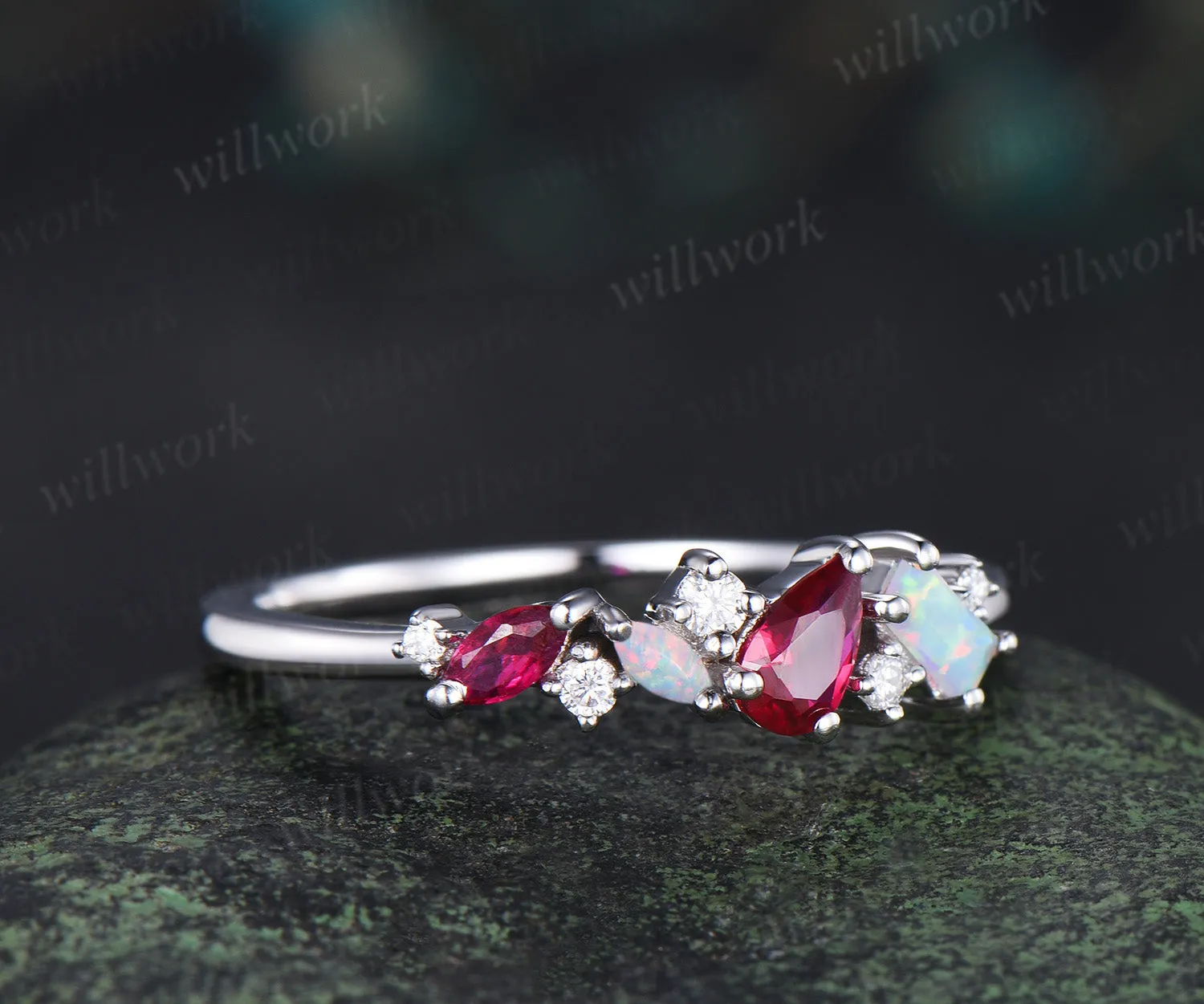 Unique pear red ruby ring white gold cluster Baguette cut opal ring women dainty Multi-Stone Ring moissanite wedding band anniversary gift sold by Willwork Jewelry product image thumbnail 4