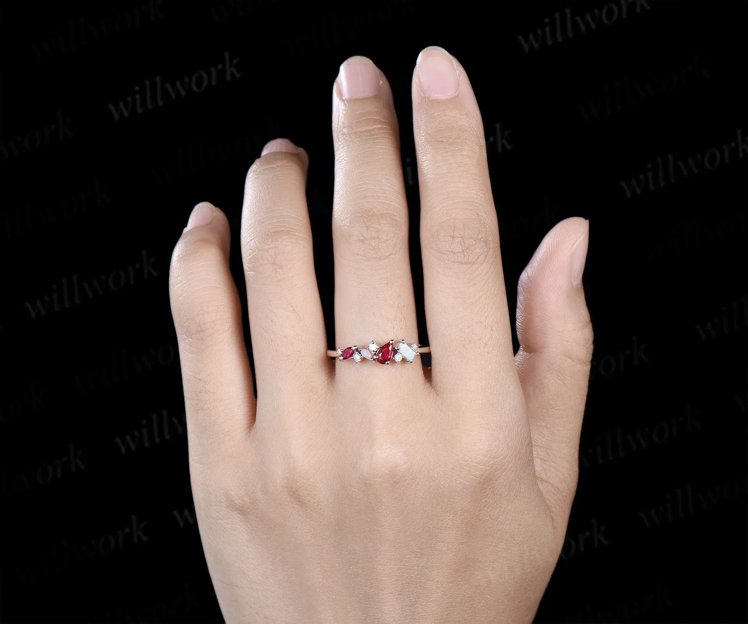 Unique pear red ruby ring white gold cluster Baguette cut opal ring women dainty Multi-Stone Ring moissanite wedding band anniversary gift sold by Willwork Jewelry product image thumbnail 3