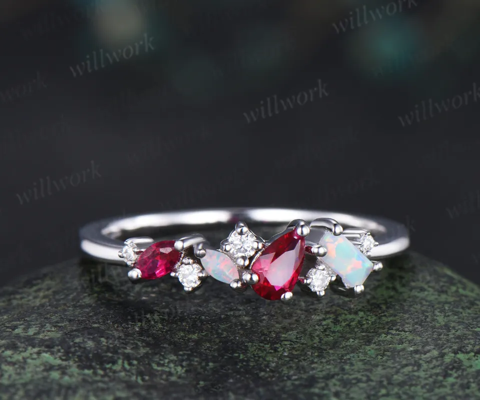 Unique pear red ruby ring white gold cluster Baguette cut opal ring women dainty Multi-Stone Ring moissanite wedding band anniversary gift sold by Willwork Jewelry