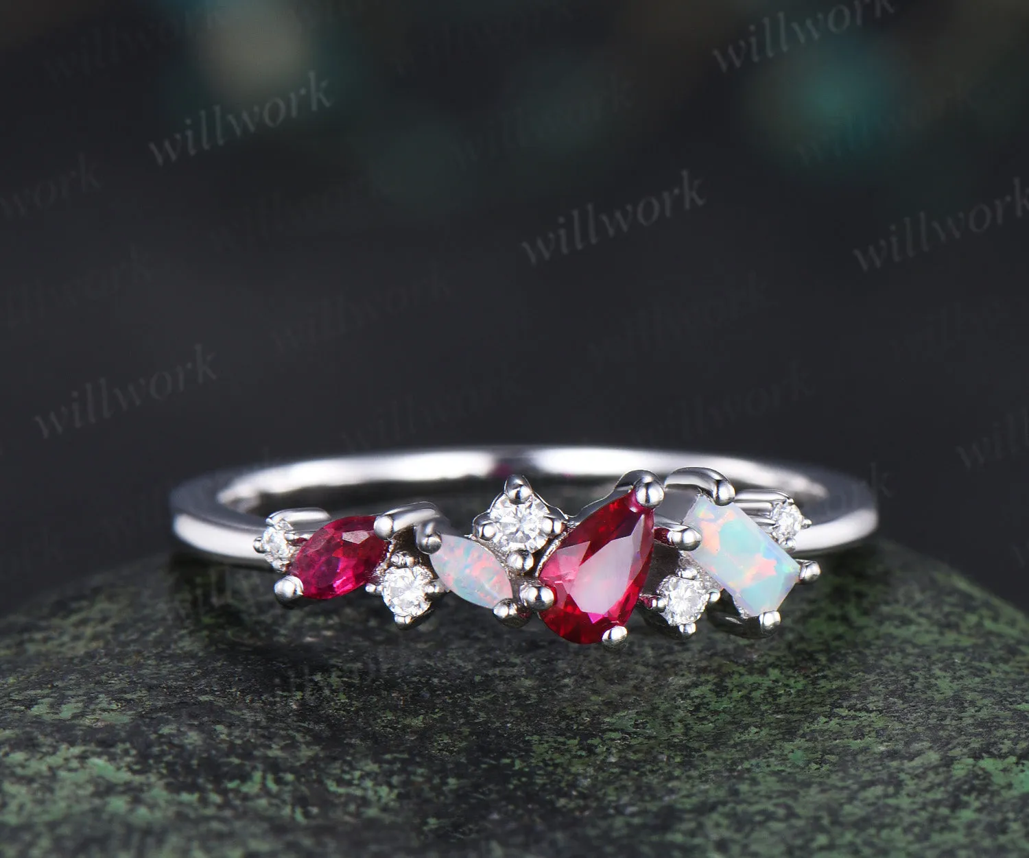 Unique pear red ruby ring white gold cluster Baguette cut opal ring women dainty Multi-Stone Ring moissanite wedding band anniversary gift sold by Willwork Jewelry