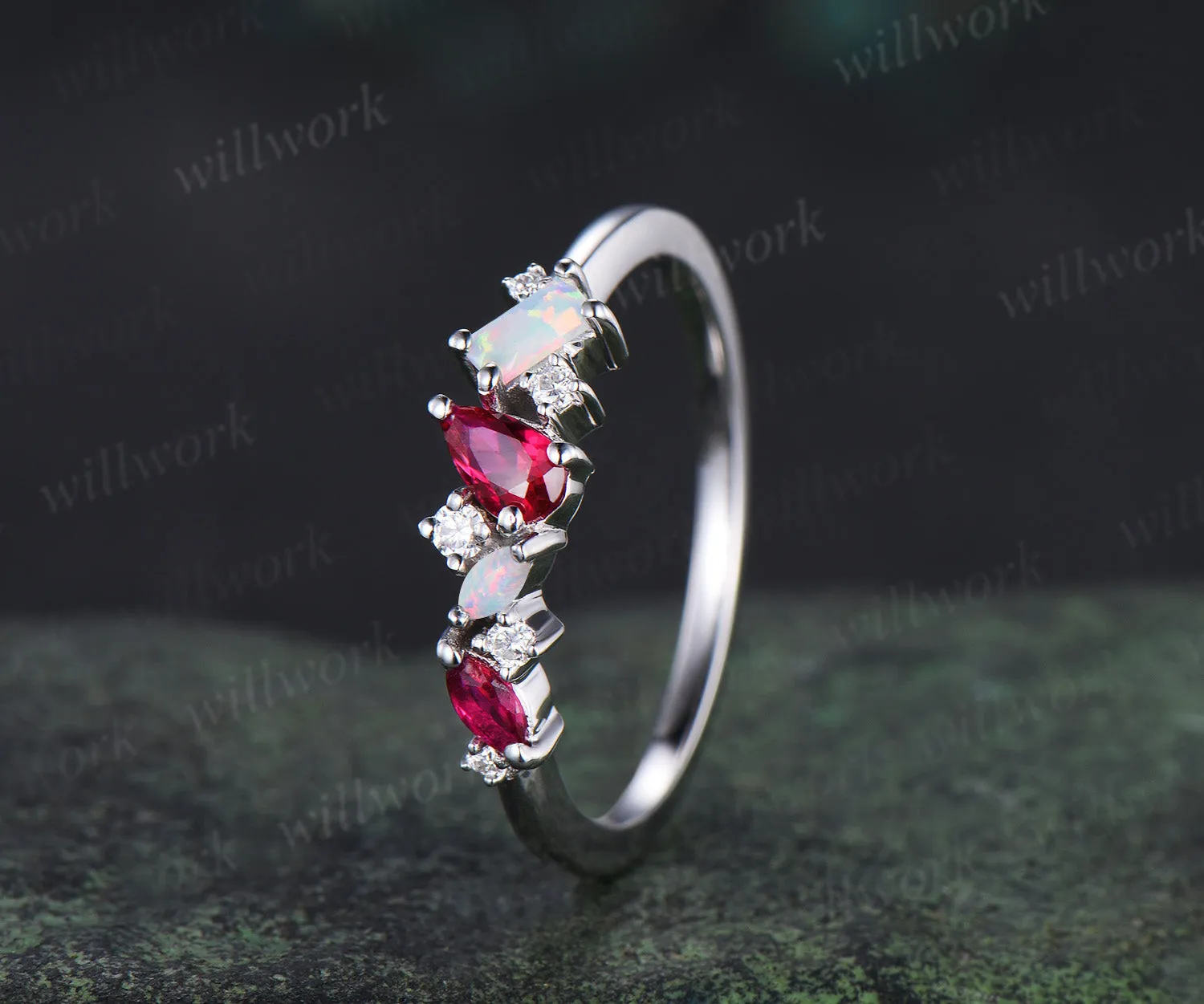 Unique pear red ruby ring white gold cluster Baguette cut opal ring women dainty Multi-Stone Ring moissanite wedding band anniversary gift sold by Willwork Jewelry product image thumbnail 2