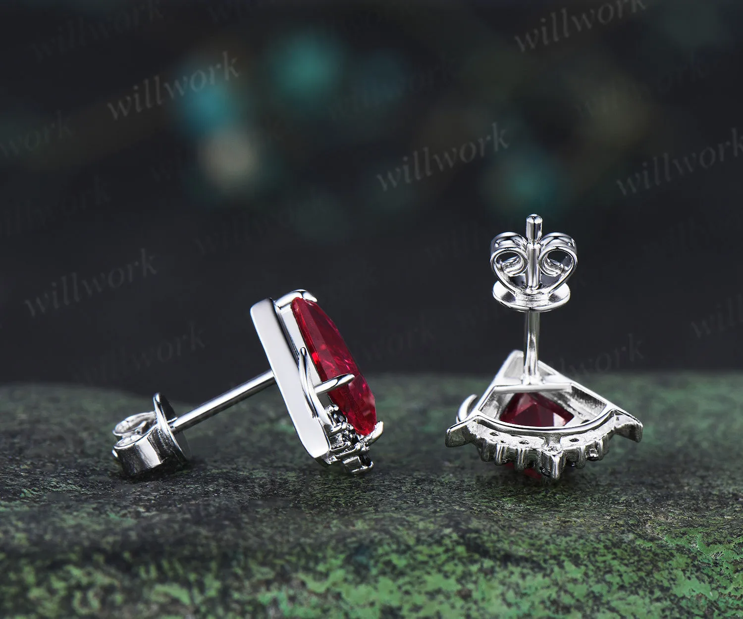 Unique kite cut red ruby earrings solid 14k 18k white gold gothic moon cluster black spinel stud earrings piercing earrings women sold by Willwork Jewelry product image thumbnail 5