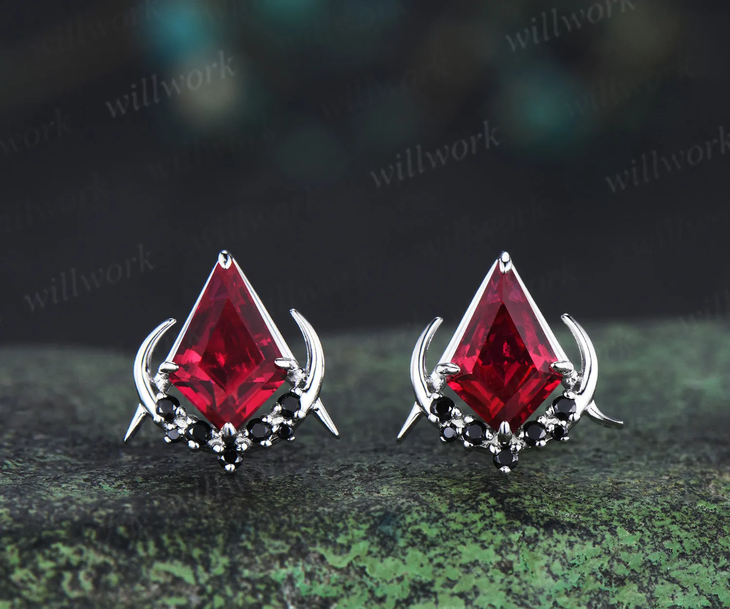 Unique kite cut red ruby earrings solid 14k 18k white gold gothic moon cluster black spinel stud earrings piercing earrings women sold by Willwork Jewelry product image thumbnail 2