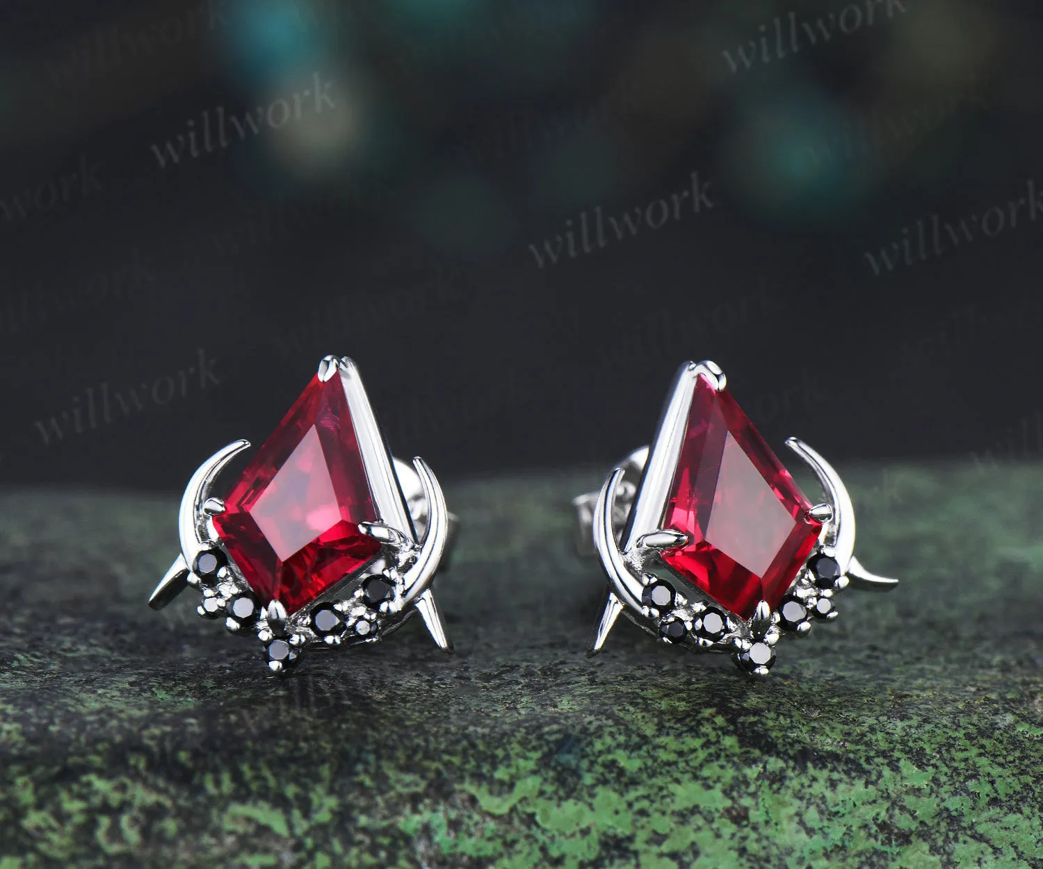 Unique kite cut red ruby earrings solid 14k 18k white gold gothic moon cluster black spinel stud earrings piercing earrings women sold by Willwork Jewelry