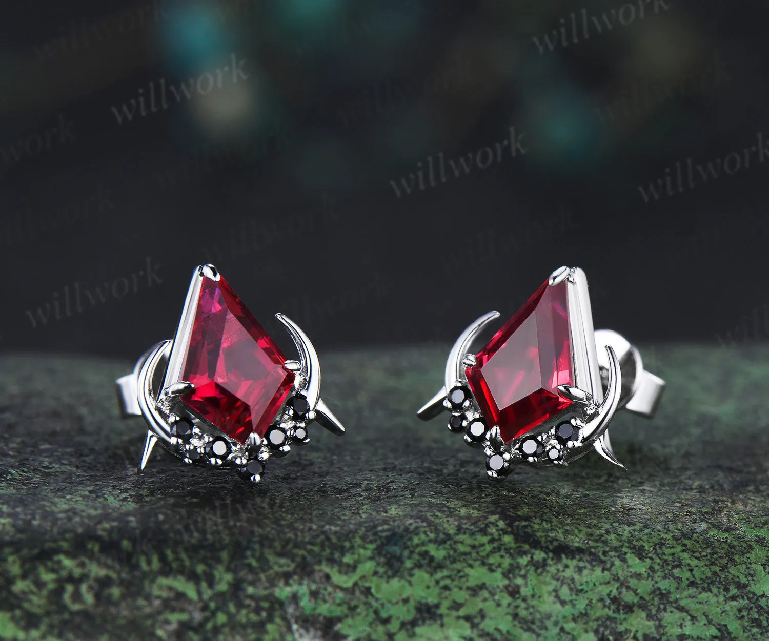 Unique kite cut red ruby earrings solid 14k 18k white gold gothic moon cluster black spinel stud earrings piercing earrings women sold by Willwork Jewelry product image thumbnail 4