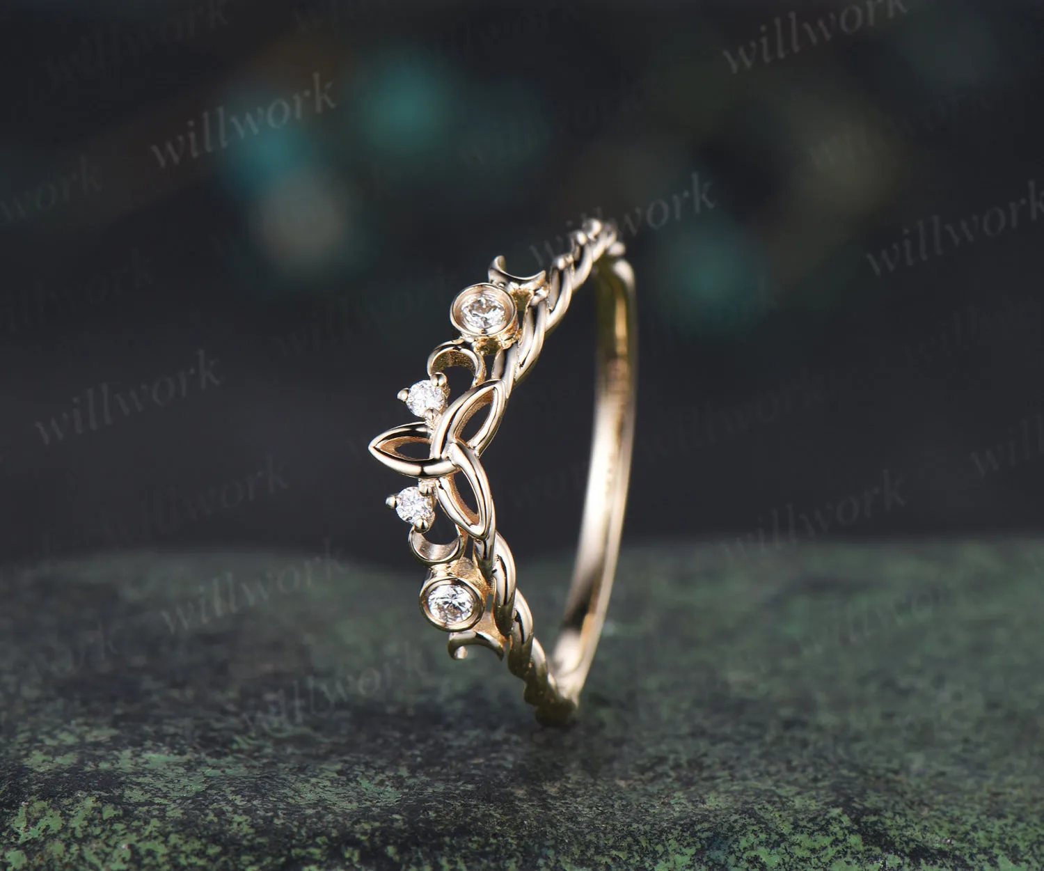 Celtic knot moon diamond wedding band 14k yellow gold twisted rope wrapping bezel stacking bridal ring women sold by Willwork Jewelry product image thumbnail 2