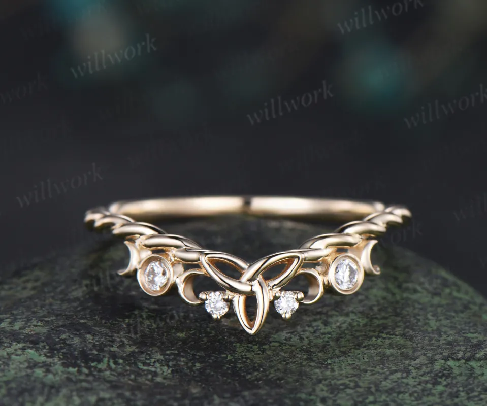 Celtic knot moon diamond wedding band 14k yellow gold twisted rope wrapping bezel stacking bridal ring women sold by Willwork Jewelry
