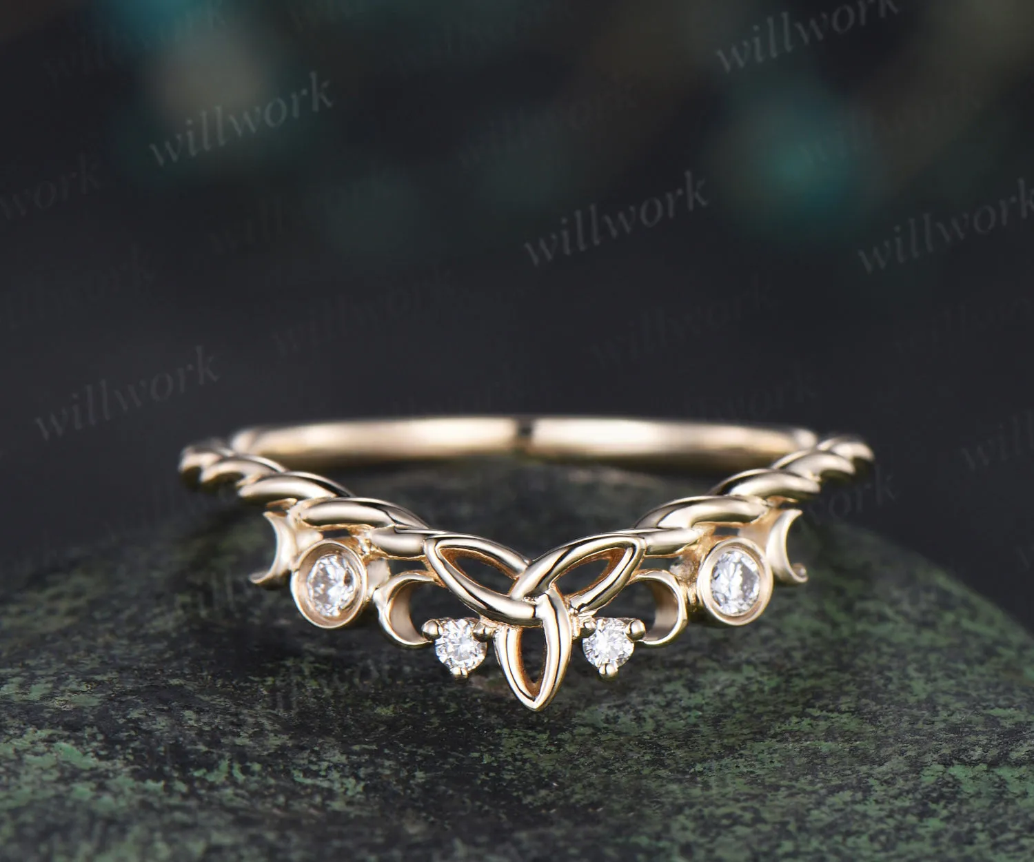 Celtic knot moon diamond wedding band 14k yellow gold twisted rope wrapping bezel stacking bridal ring women sold by Willwork Jewelry
