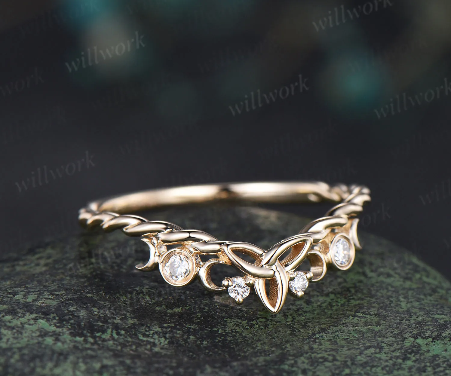 Celtic knot moon diamond wedding band 14k yellow gold twisted rope wrapping bezel stacking bridal ring women sold by Willwork Jewelry product image thumbnail 3