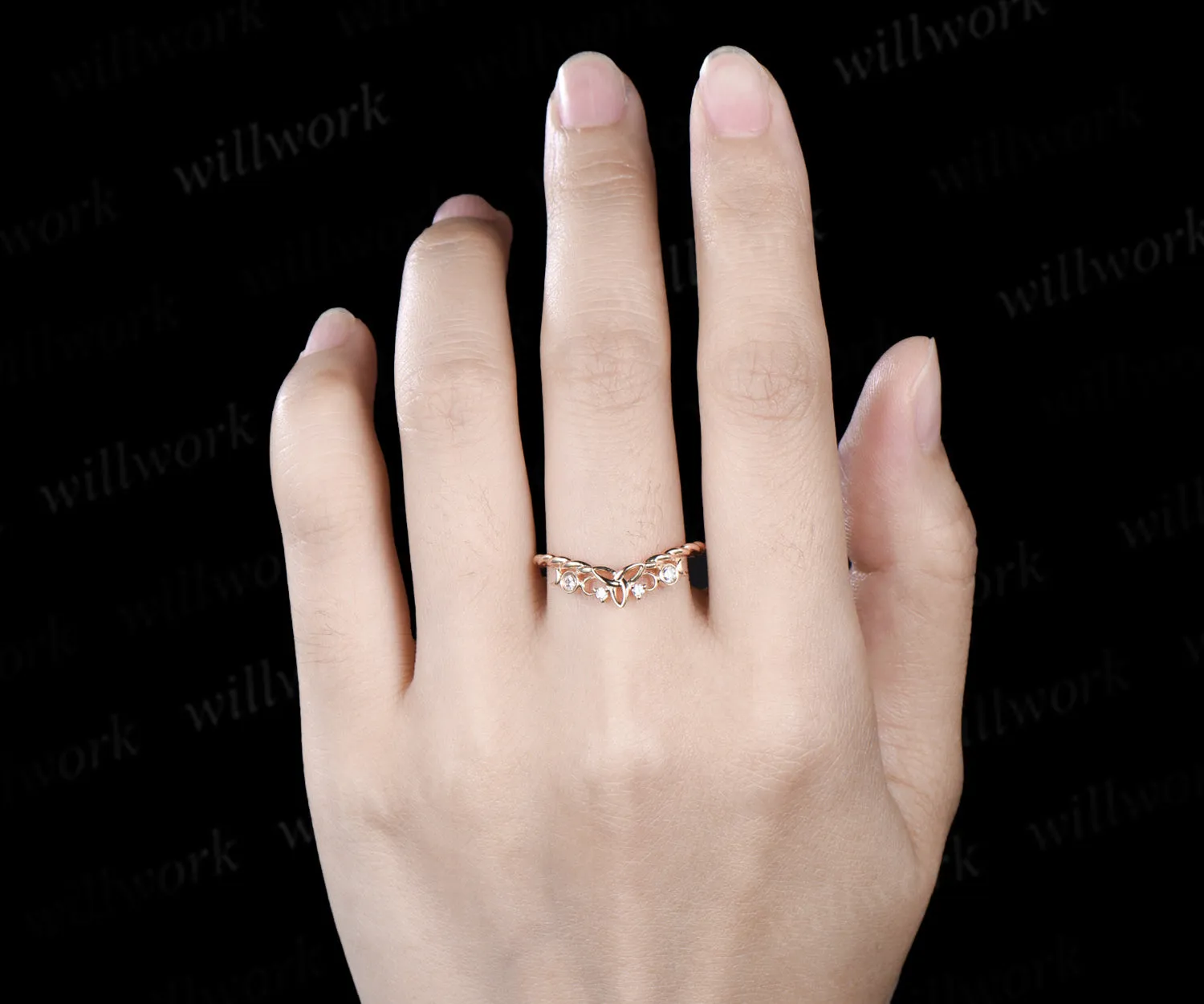 Celtic knot moon diamond wedding band 14k yellow gold twisted rope wrapping bezel stacking bridal ring women sold by Willwork Jewelry product image thumbnail 5