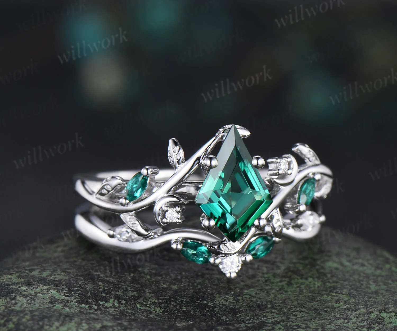 Kite cut emerald engagement ring set moon leaf nature inspired ring solid 14k white gold marquise emerald ring unique bridal set sold by Willwork Jewelry product image thumbnail 3