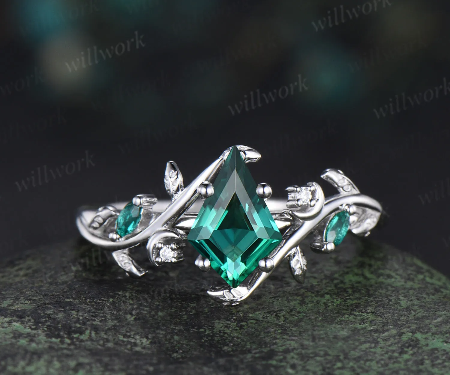 Kite cut emerald engagement ring set moon leaf nature inspired ring solid 14k white gold marquise emerald ring unique bridal set sold by Willwork Jewelry product image thumbnail 4