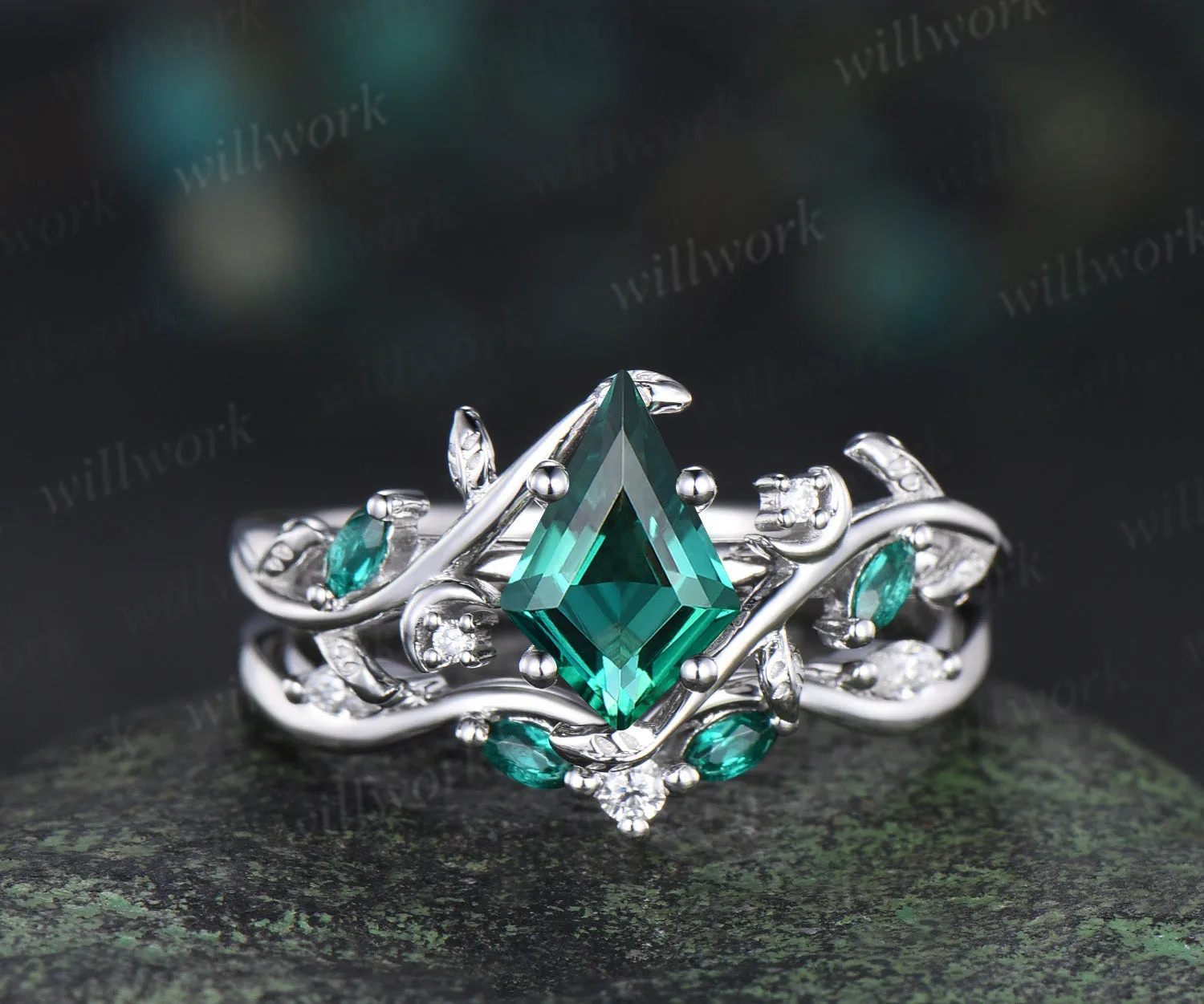 Kite cut emerald engagement ring set moon leaf nature inspired ring solid 14k white gold marquise emerald ring unique bridal set sold by Willwork Jewelry