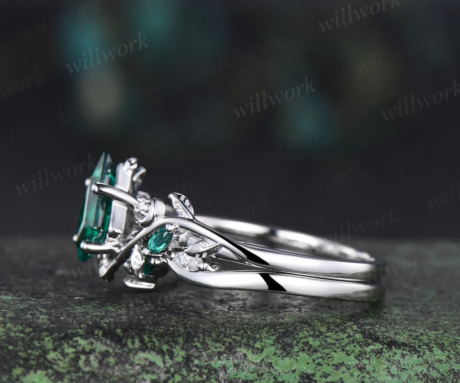 Kite cut emerald engagement ring set moon leaf nature inspired ring solid 14k white gold marquise emerald ring unique bridal set sold by Willwork Jewelry product image thumbnail 5