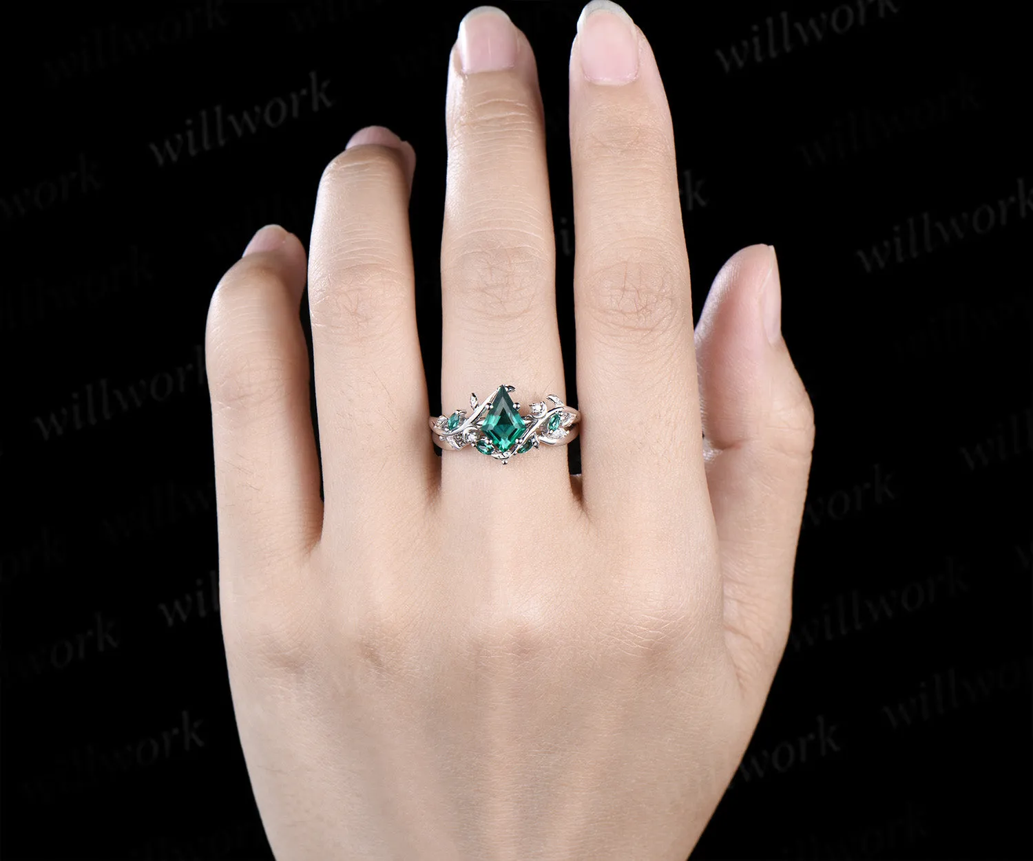 Kite cut emerald engagement ring set moon leaf nature inspired ring solid 14k white gold marquise emerald ring unique bridal set sold by Willwork Jewelry product image thumbnail 2