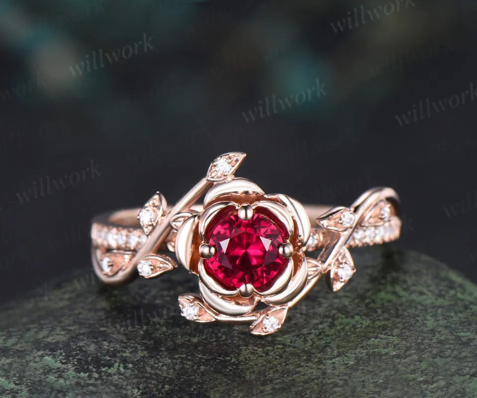 5mm round ruby floral engagement ring twig leaf diamond nature inspired ring half eternity band promise anniversary gifts made by Willwork Jewelry