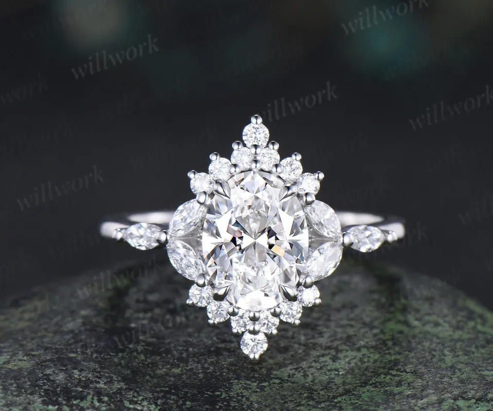 Oval cut Lab grown diamond engagement ring unique halo marquise cluster diamond ring solid 14k white gold proposal anniversary gift made by Willwork Jewelry