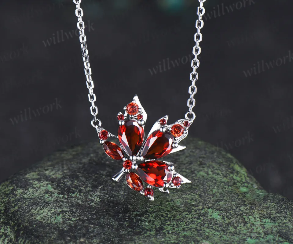 Pear garnet maple leaf pendant nature inspired 14k white gold/sterling silver necklace graduation birthday gifts for women made by Willwork Jewelry