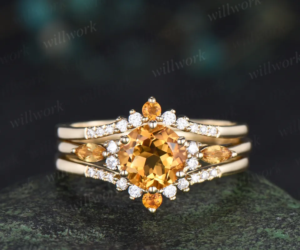 3pcs round cut citrine engagement ring set 6 prong solid 14k yellow gold moissanite bridal ring set women sold by Willwork Jewelry