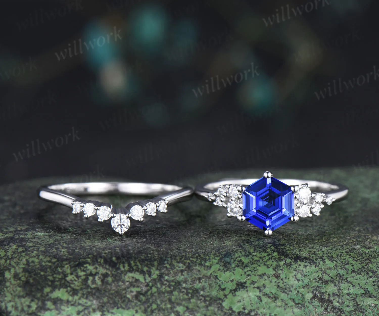 Hexagon cut blue sapphire engagement ring set 14k white gold unique snowdrift diamond wedding ring set women sold by Willwork Jewelry product image thumbnail 2