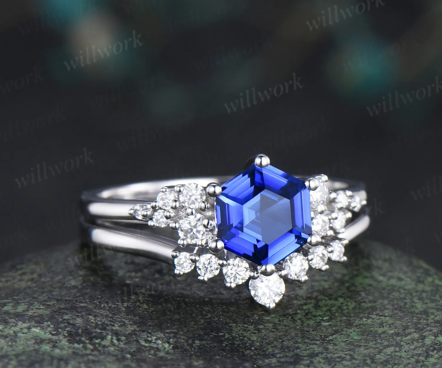 Hexagon cut blue sapphire engagement ring set 14k white gold unique snowdrift diamond wedding ring set women sold by Willwork Jewelry product image thumbnail 3