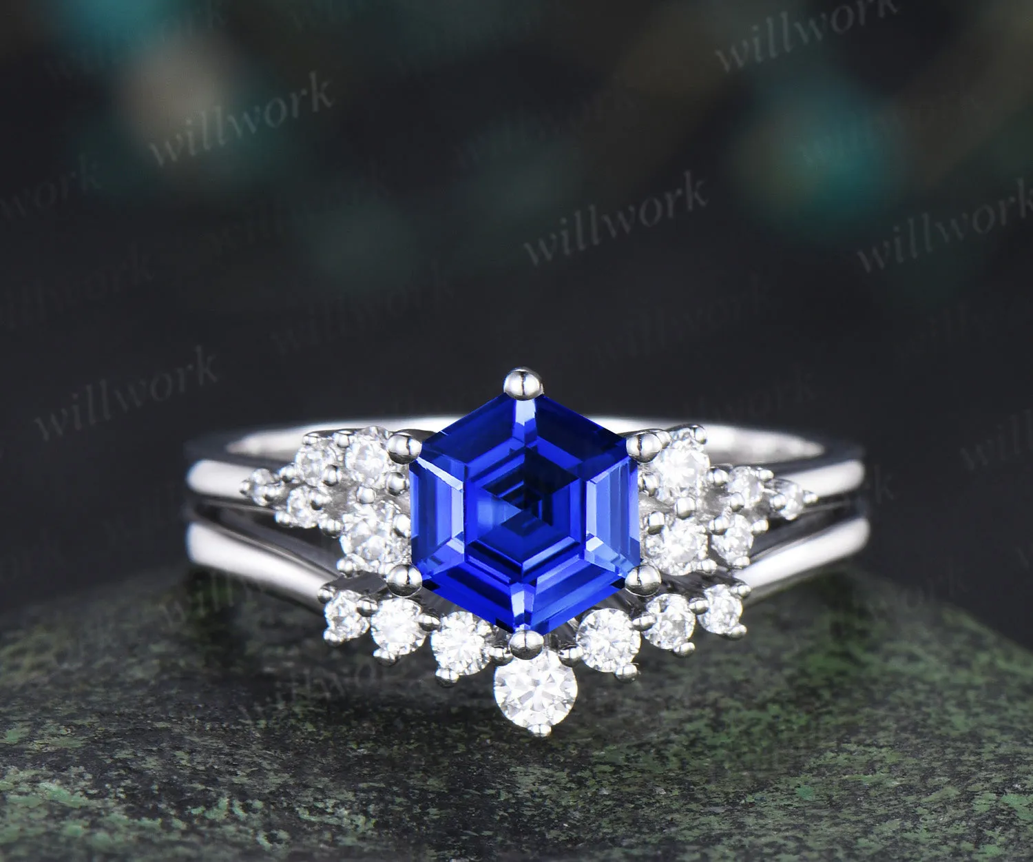 Hexagon cut blue sapphire engagement ring set 14k white gold unique snowdrift diamond wedding ring set women sold by Willwork Jewelry product image thumbnail 5