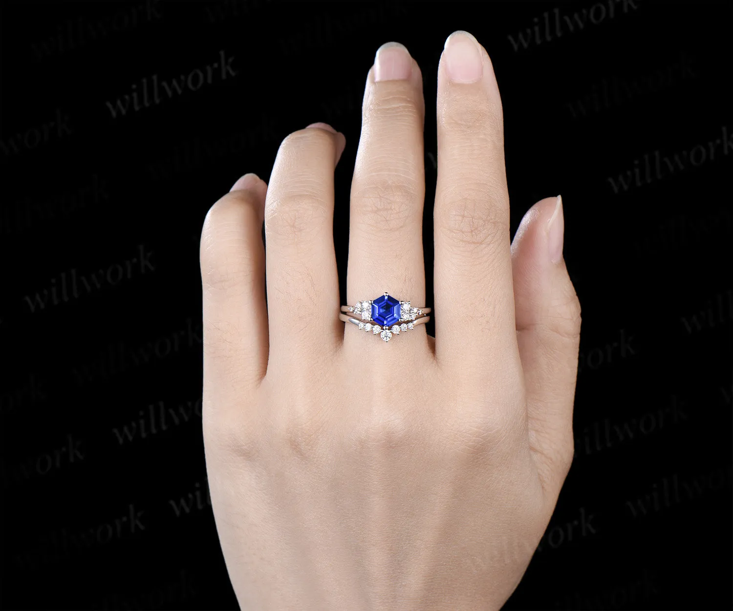 Hexagon cut blue sapphire engagement ring set 14k white gold unique snowdrift diamond wedding ring set women sold by Willwork Jewelry product image thumbnail 4