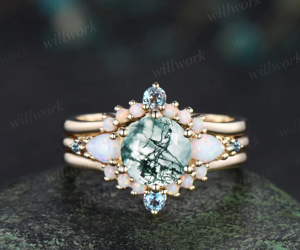 3pcs round cut natural moss agate engagement ring set opal alexandrite 14k yellow gold bridal ring set women sold by Willwork Jewelry