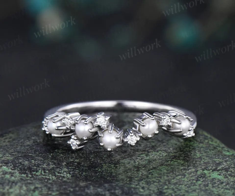 Cluster pearl wedding band 14k white gold moissanite irregular stacking bridal ring women anniversary gift made by Willwork Jewelry