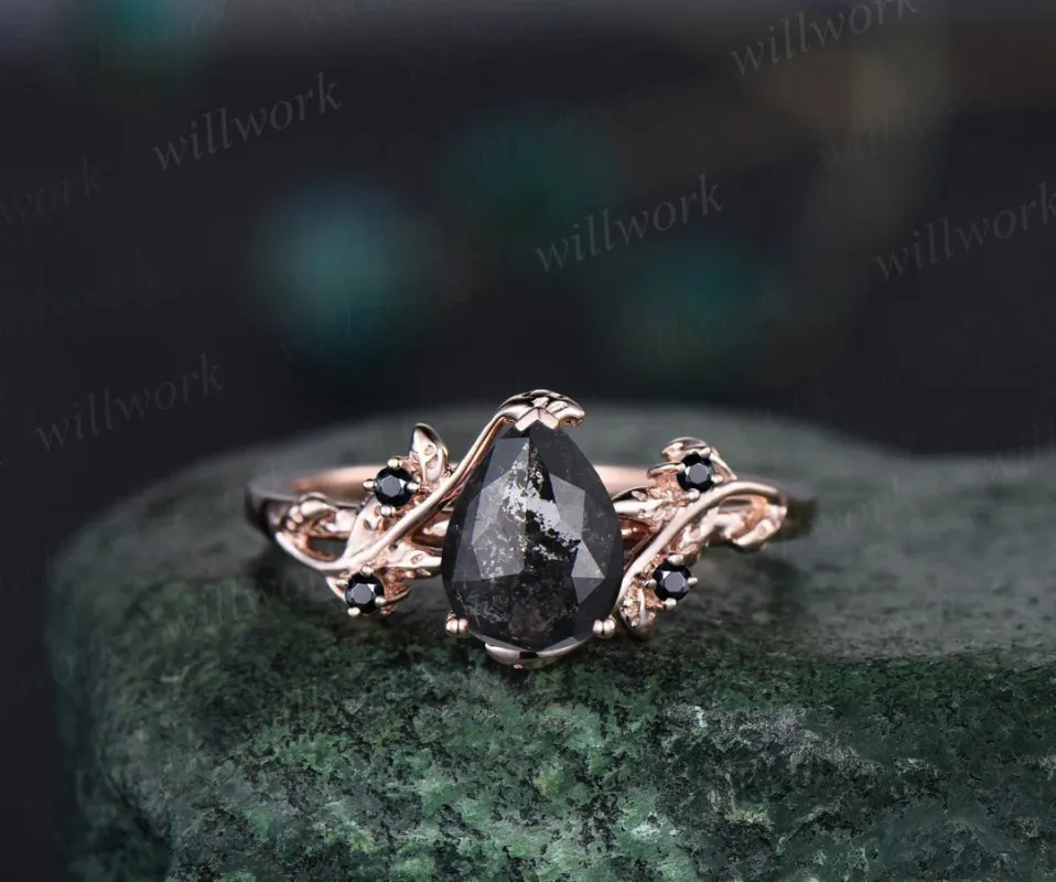 Pear salt and pepper diamond engagement ring vintage five stone black diamond accented ring twig leaf unique promise ring women sold by Willwork Jewelry
