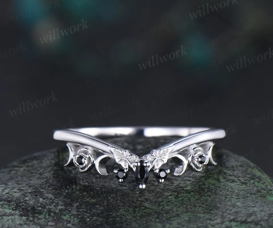Curved black spinel wedding band solid 14k white gold five stone ring leaf flower moon wedding ring band women Personalized ring gift sold by Willwork Jewelry