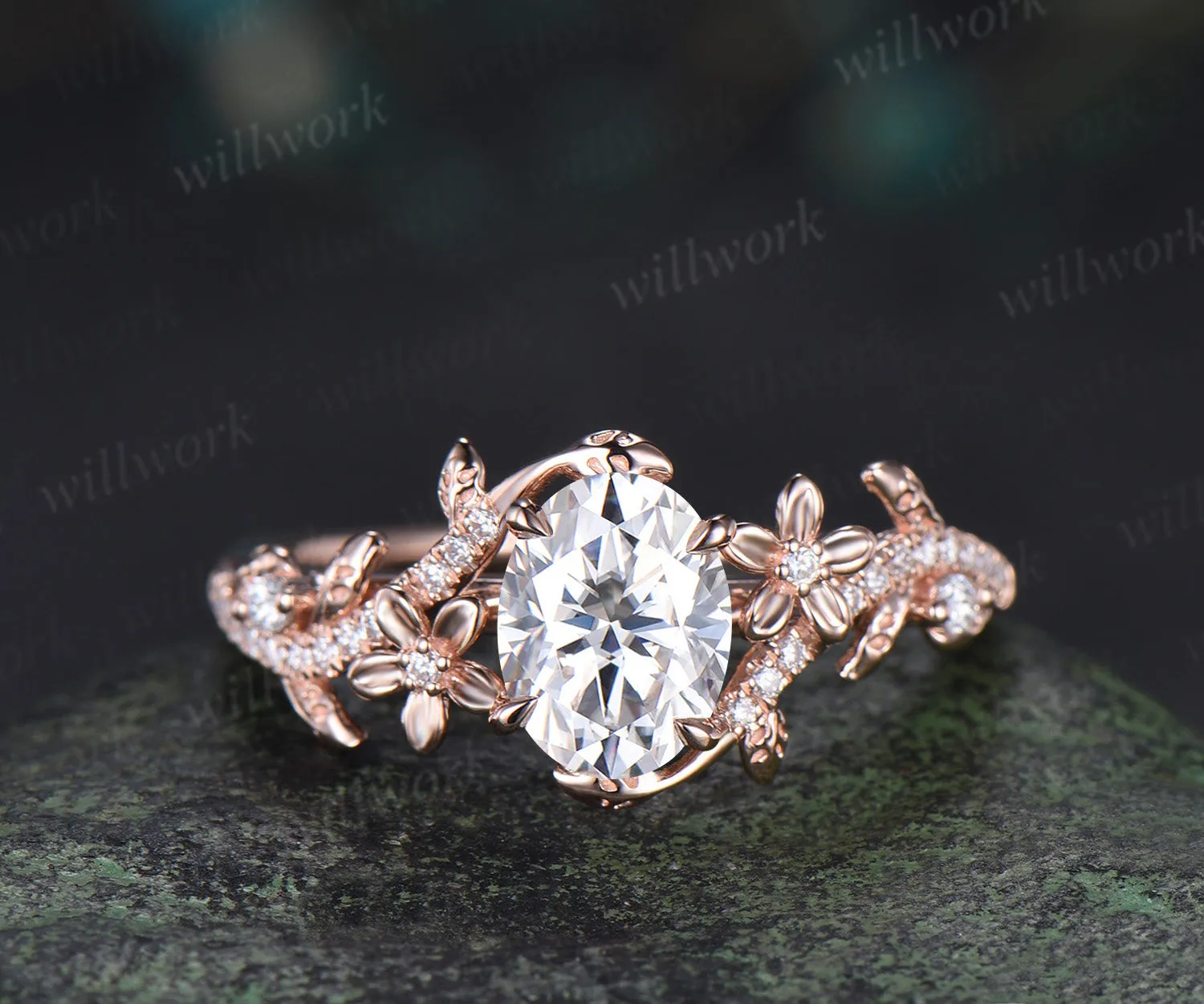 Oval cut moissanite engagement ring set vintage floral diamond ring women 14k rose gold branch leaf bridal ring set sold by Willwork Jewelry product image thumbnail 5